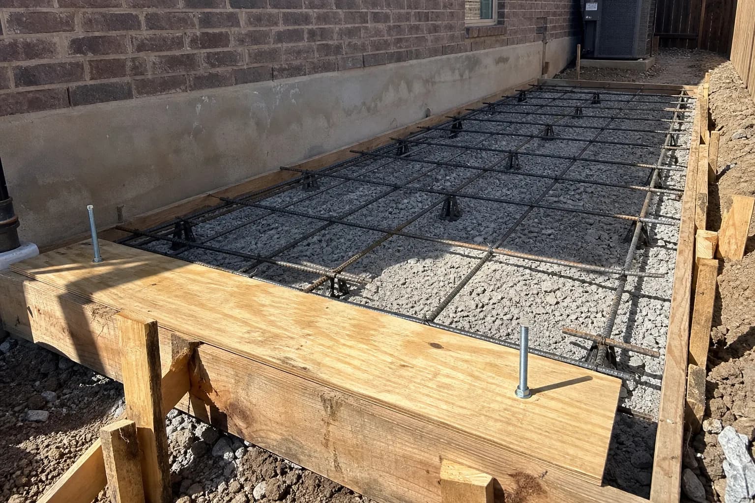 Formed pad with a rebar grid on chairs over a compacted rock base, before the pour